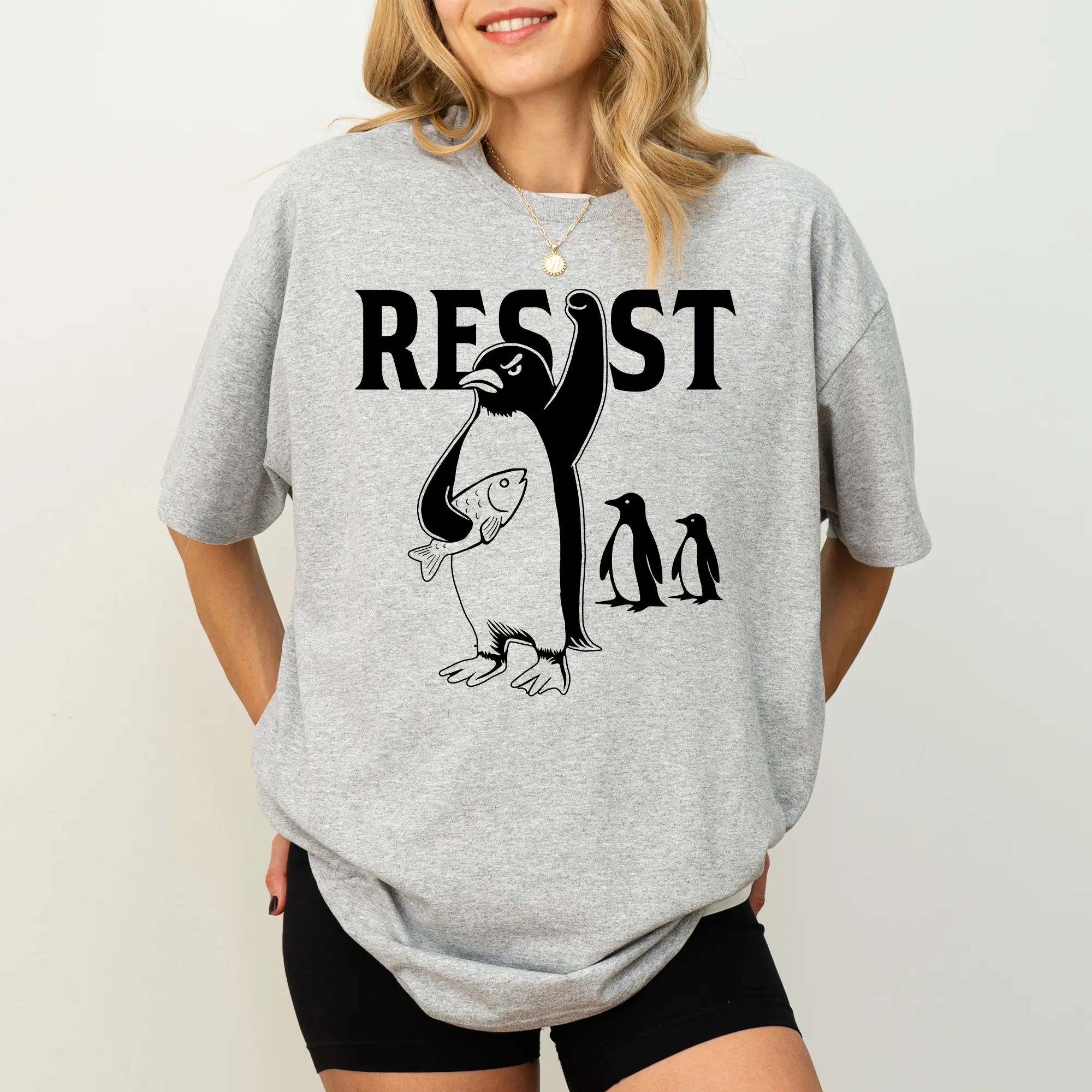 Resist Penguin Activism Graphic Tee, Funny Penguins Against Tariffs Shirt, Resistance Message Women T-shirt, Funny Penguin Resist Clothing