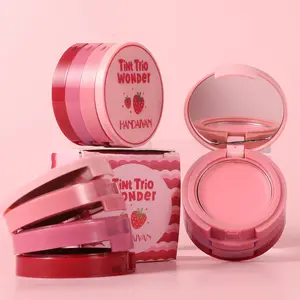 2Pcs 3-in-1 Mini Makeup Beauty Cosmetics Products Glossy Glow Blush and Lip Balm Set, Travel Portable Touch Up Compact with Mirror for Quick Makeup Enhancements