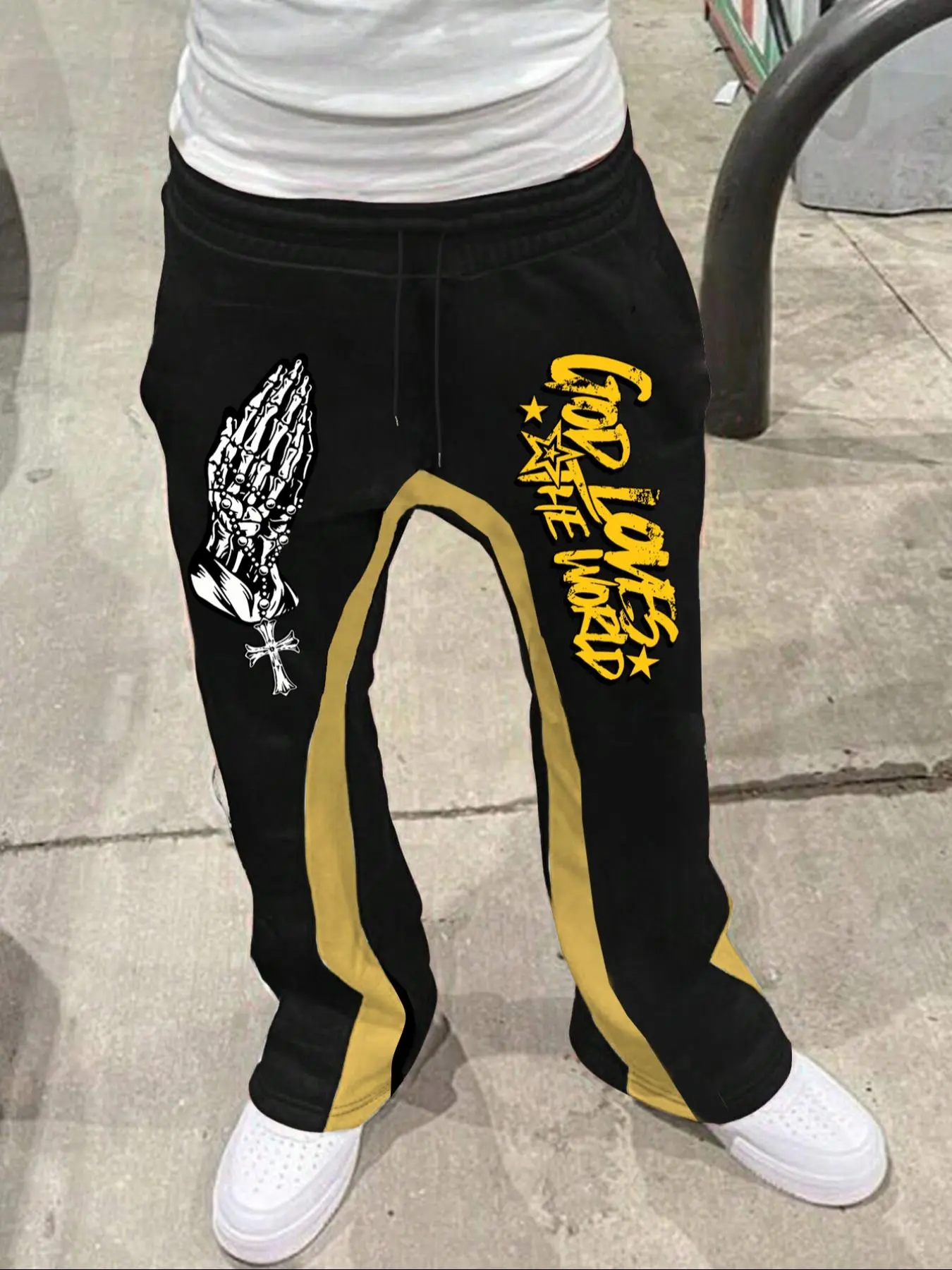 Men's Colorblock Print Drawstring Waist Flare Leg Pants, Casual Comfy Pocket Trousers for Fall & Winter, Men's Bottoms for Daily Wear, Casual Streetwear Trousers