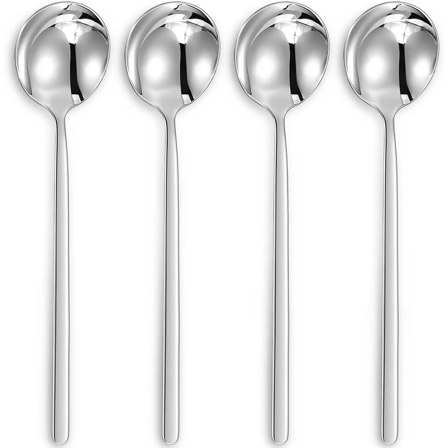 Traditional Korean Long-Handle Soup Spoons, 4-Piece 18/10 Stainless Steel Cutlery Set, Dishwasher-Safe Tableware (Plain)