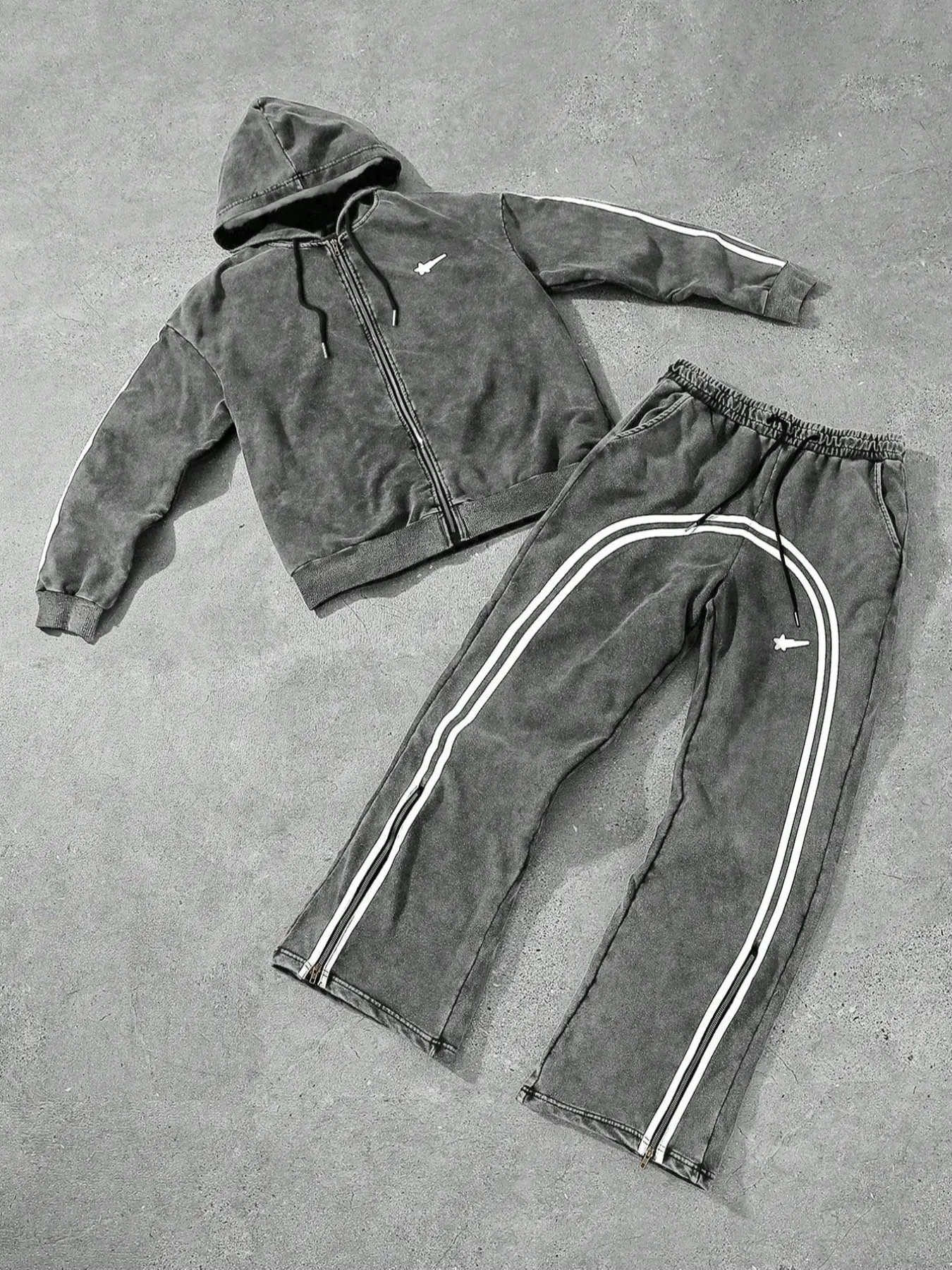 Men's Vintage Wash Sportswear Set, Hoodie Zipper Jacket & Wide Leg Pants, Striped Side Color Block, Street Style, Streetwear Tracksuit Set, Sports Activewear Set