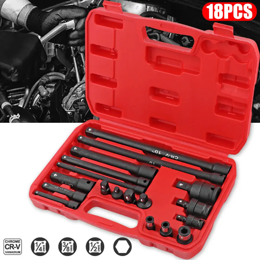 18-piece Impact Socket Extension Set Tools, Swivel Universal Joint, Deep 1/4", 3/8", 1/2" Drive Socket Adapter, Extension Bar, 3 Ratchet Coupler, CR-V Steel Alloy Corrosion-Resistant Mechanic extension handle  car home repair hand tool#summerfinds toolupg