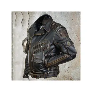 Men's Leather Jacket with Zip Opening Button Closure Multi Pockets Biker Style Outerwear for Winter