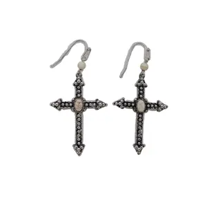 Women Fashion Jewelry Hook Earrings Antique Silver Metal Pointy Christian Cross White