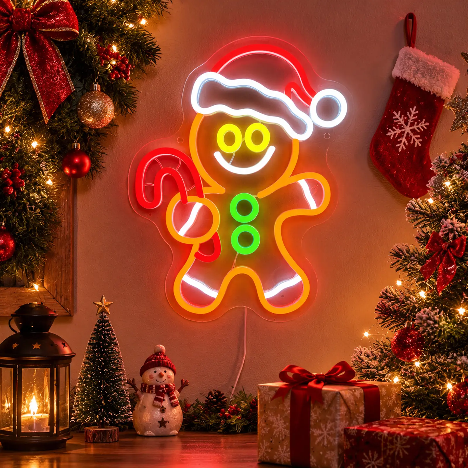 Christmas Hat Gingerbread Man LED Neon Light - Suitable for Holiday Home Decoration, Kitchen, Christmas Party Background, Christmas Gifts