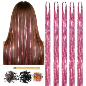 Hair Tinsel 5 Packs 1200 Strands 48 Inch Tinsel Hair Extensions Heat Resistant Glitter Sparkling Shinny Fairy Hair Accessories for Women