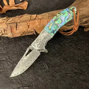 Rainbow abalone shell handle Damascus folding knife | Natural colorful shell handle inlaid with VG10 inner core | Core Damascus steel sharp blade | Outdoor camping fishing portable tool high-end gift for men