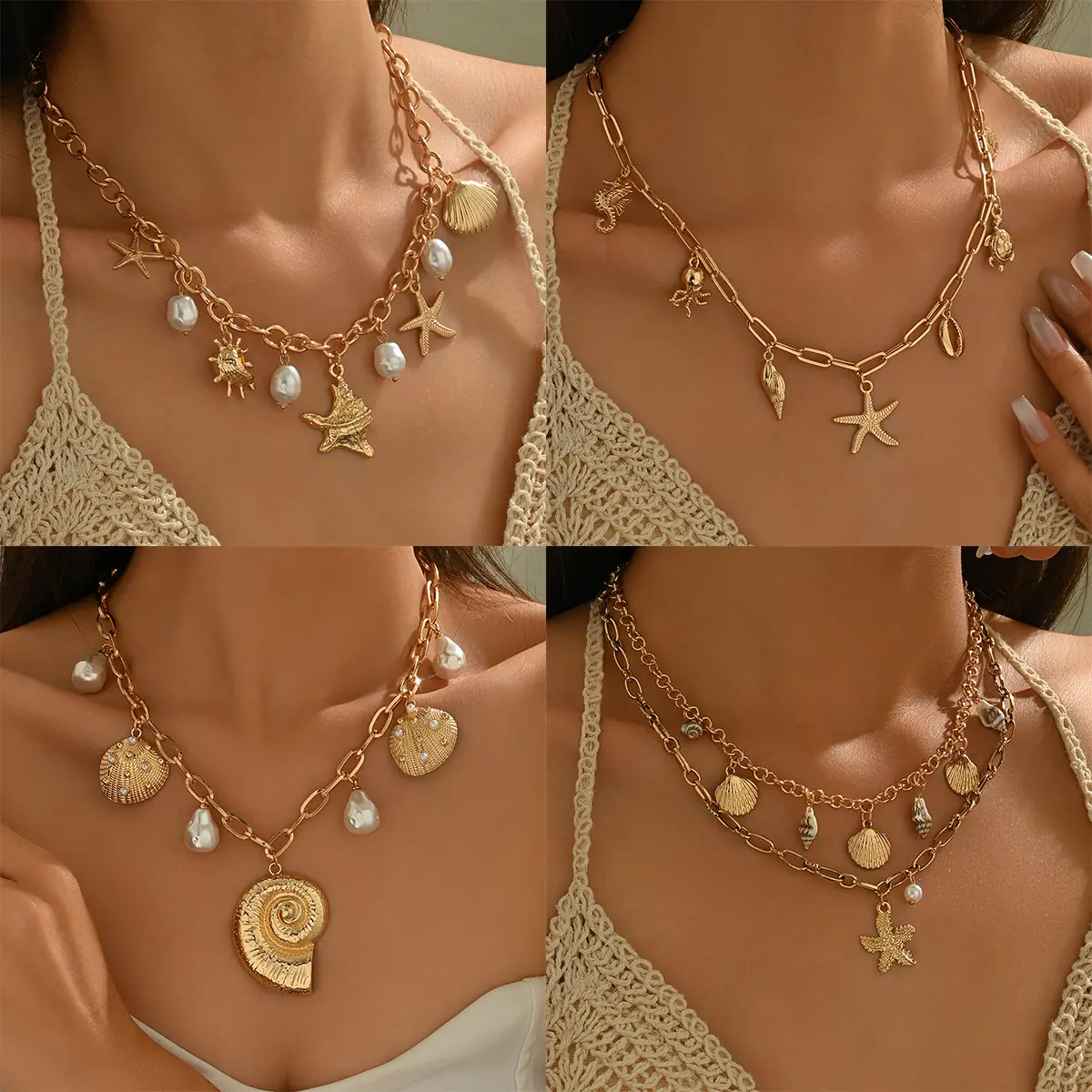 Bohemian Style Pearl Shell Choker Necklace European and American Cross-Border Vacation Beach Jewelry Collarbone Chain