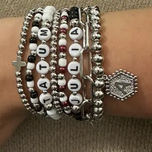 Customizable Silver Bracelet Stack with Paperclip Clasp, Cross/Heart, Name Bracelets, and Accent Colors – 9 Bracelets