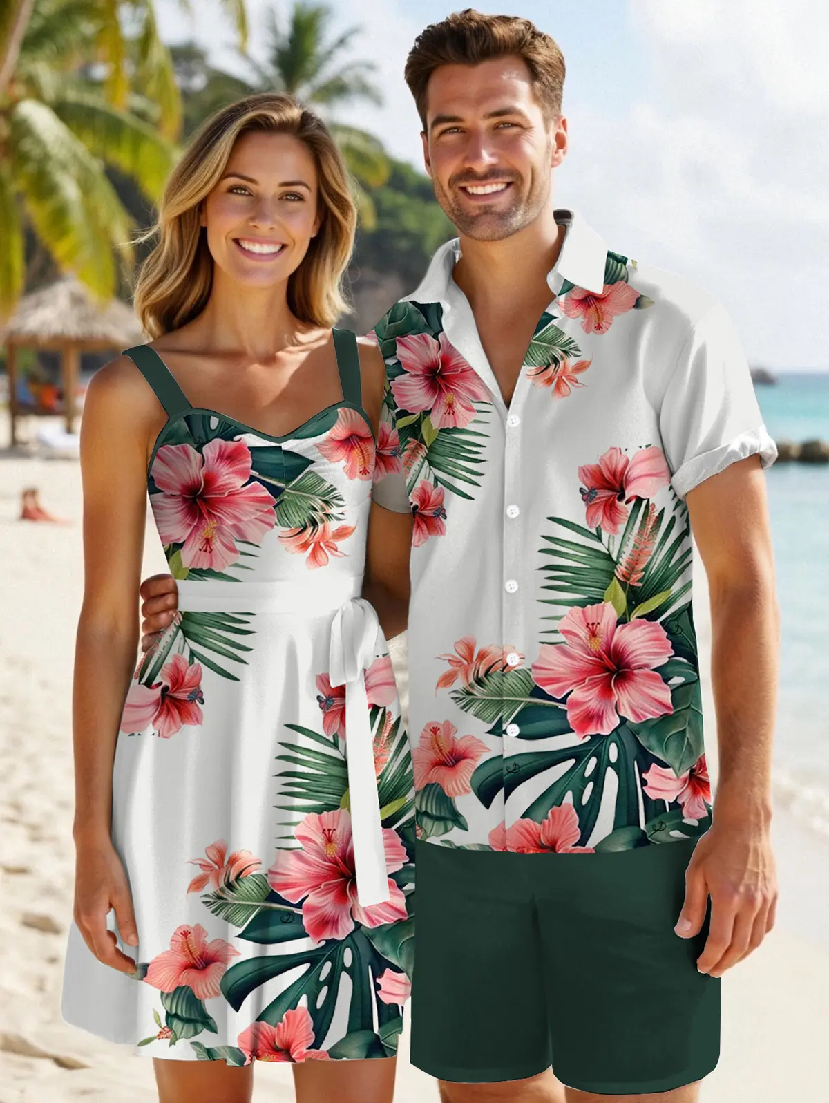DRESSLILY 2026 Vacation Couple Outfit Women's Tropical Floral Leaf Pattern Ruched Bust Belted Dress and Men's Roll Up Sleeve Shirt Solid Color Drawstrings Beach Shorts Matching Outfit