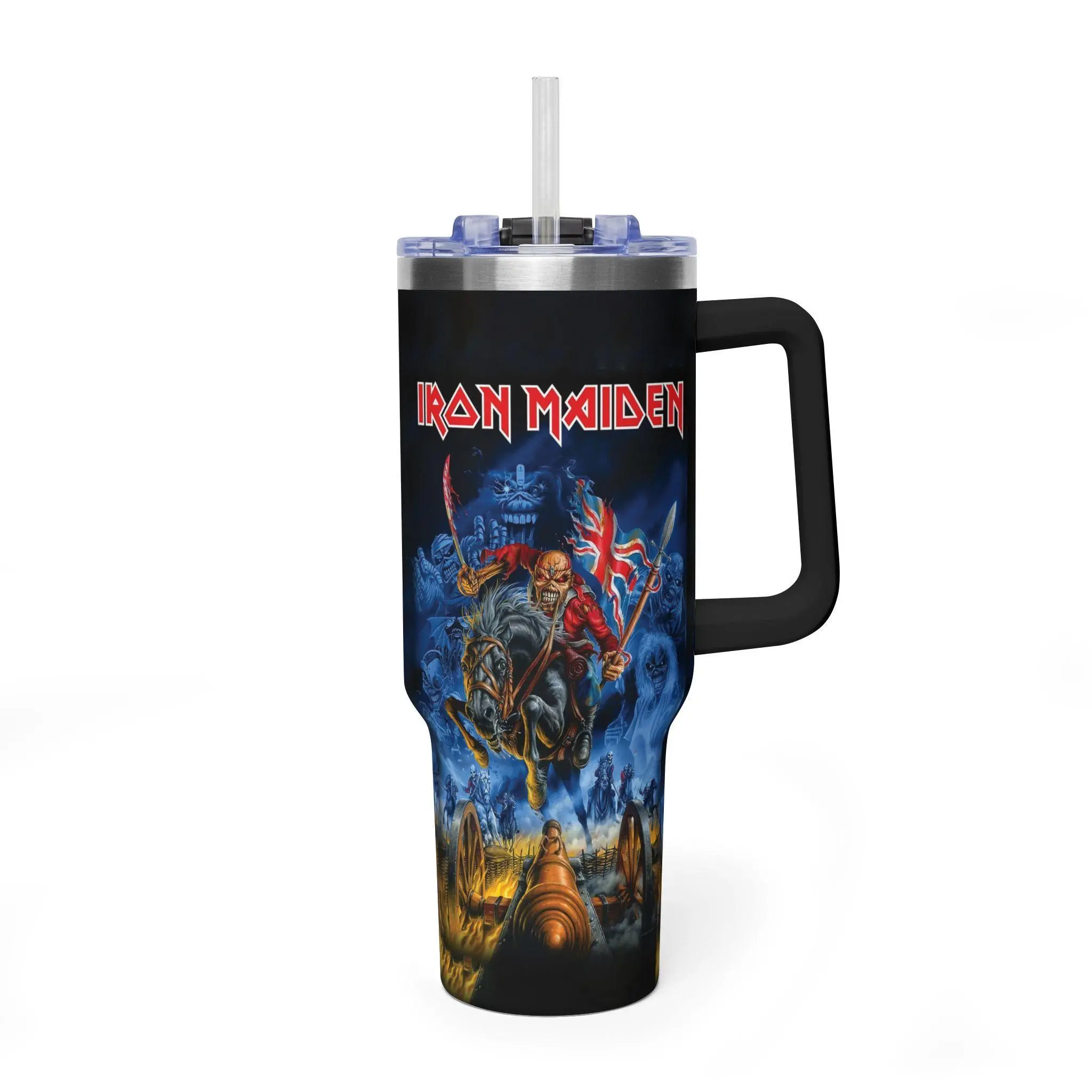 Iron Maiden Printed 40oz (1,000-2,000 ml) Insulated Stainless Steel Water Bottle Drink Set - Portable Work Tumbler with Handle, Lid, Straw, 9.84×3.94×2.95 in, Practical for Heavy Metal Fans, Everyday Use