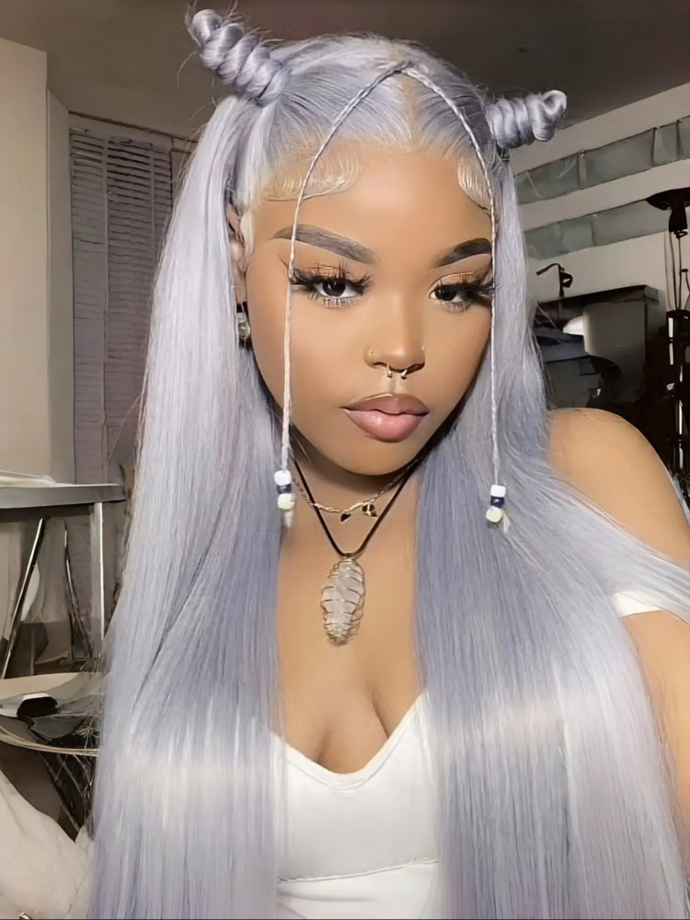 Silver Purple Long Straight Wig Cap, Synthetic Wigs, 26 Inch Lace Front Hairpiece, High-Quality Heat Resistant Fiber, Perfect for Cosplay Parties Travel, Role Play Wig