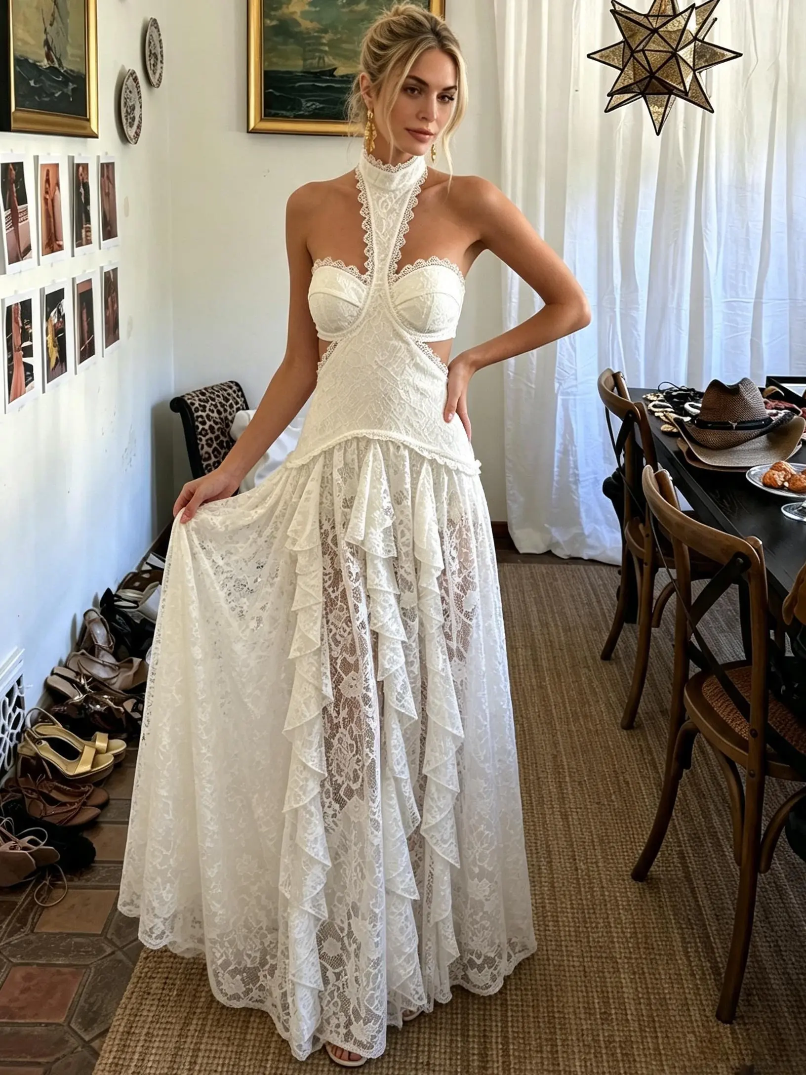Women's Summer Halter Neck Long Dress Elegant Side Cut Out Tiered Lace Ruffle Hem Sleeveless Backless A Line Gown