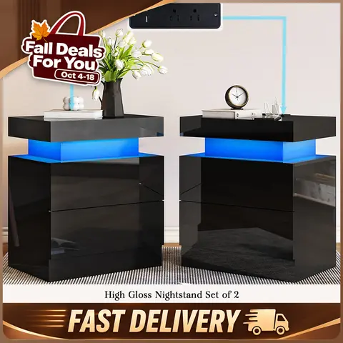 [TWO TABLES IN ONE BOX]VanAcc High Gloss Nightstand Set of 2 with Charging Station, Modern Bedside Table with LED Lights by App and Remote  Control, Sofa End Side Tables with Drawers, Minimalist Night Stand for Bedroom, Living Room #TikTokShopFallDealsFor