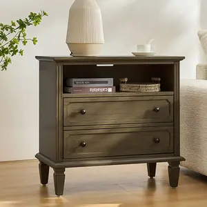 HULALA HOME Galatea 2-Drawer Solid Wood End Table with Hidden Storage & Power Outlet Vintage Design Bedside Table