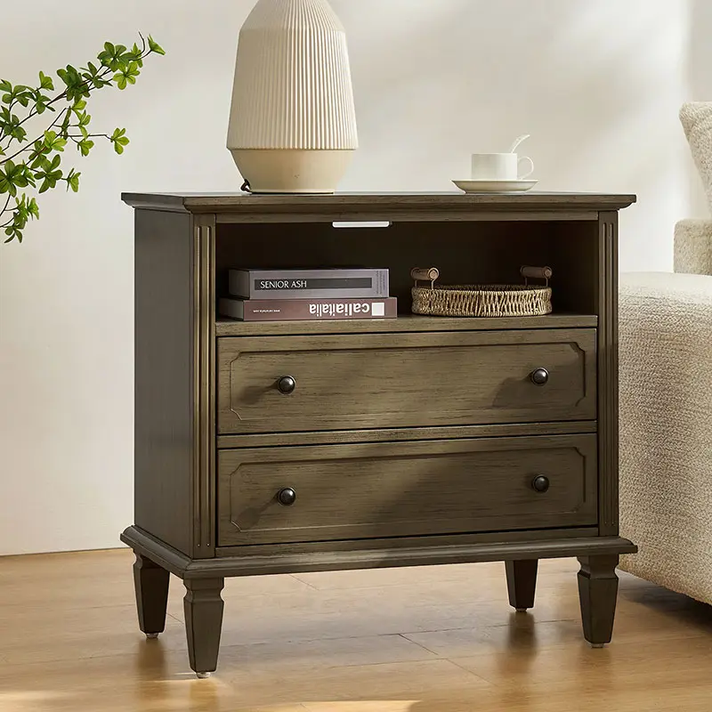 HULALA HOME Galatea 2-Drawer Solid Wood End Table with Hidden Storage & Power Outlet Vintage Design Bedside Table