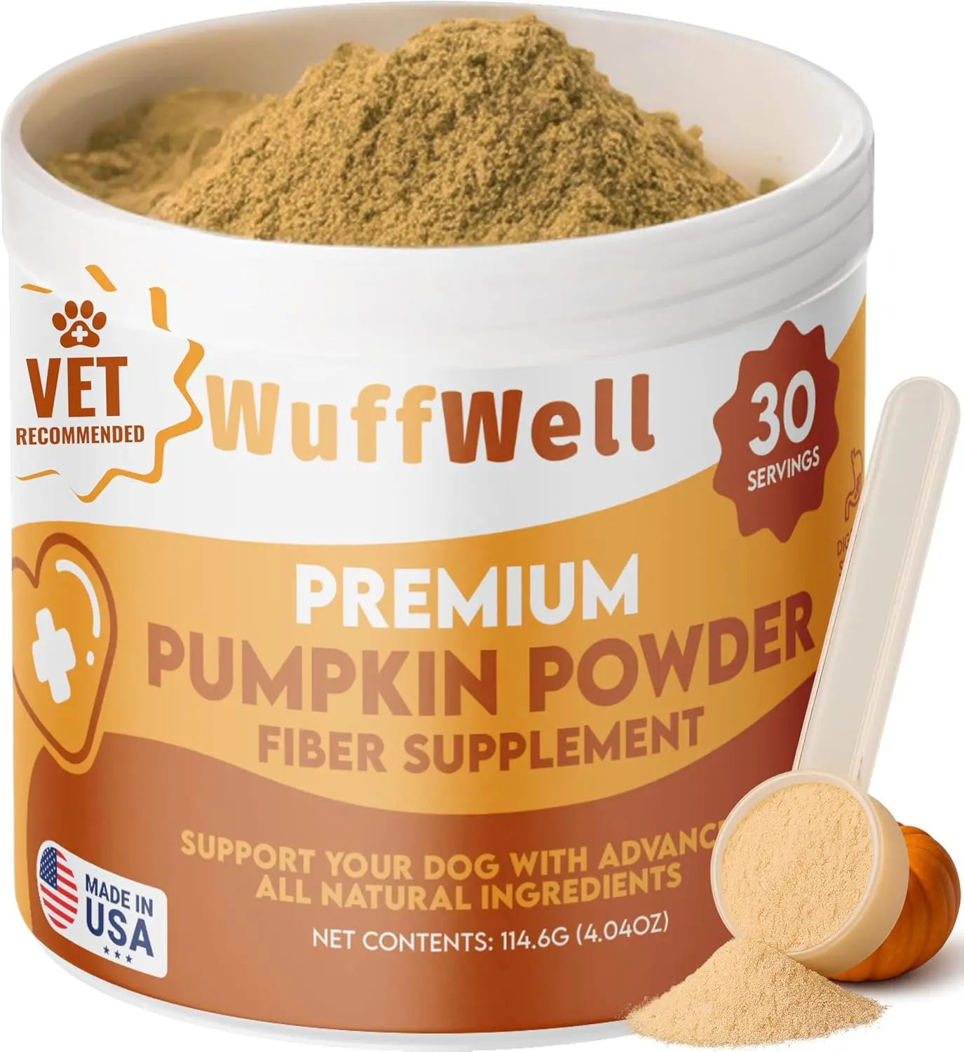 WuffWell Premium Pumpkin Powder with Probiotics for Dogs - Vet Recommended Fiber Supplement for Digestive Health & Wellness - 30 Servings - Made in USA
