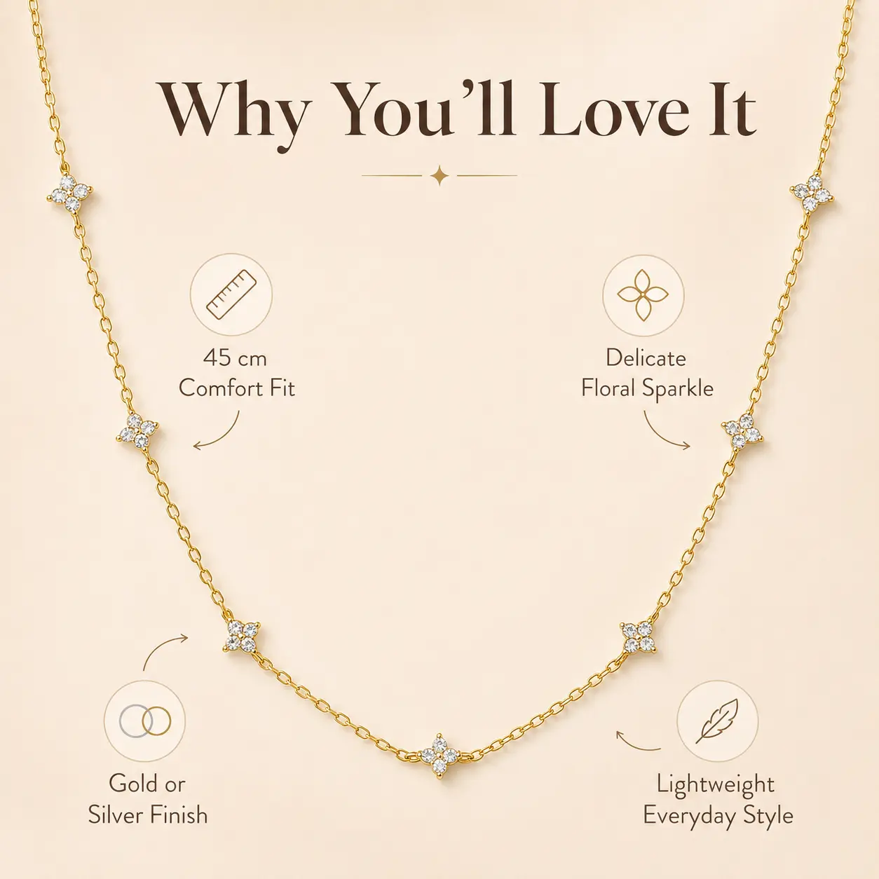 Elegant Floral Station Necklace with Bedazzling Crystals, Aesthetic Silver Jewelry for Women, Lightweight for Daily Wear or Wedding Gift, Silver Necklaces, Bedazzling Necklaces