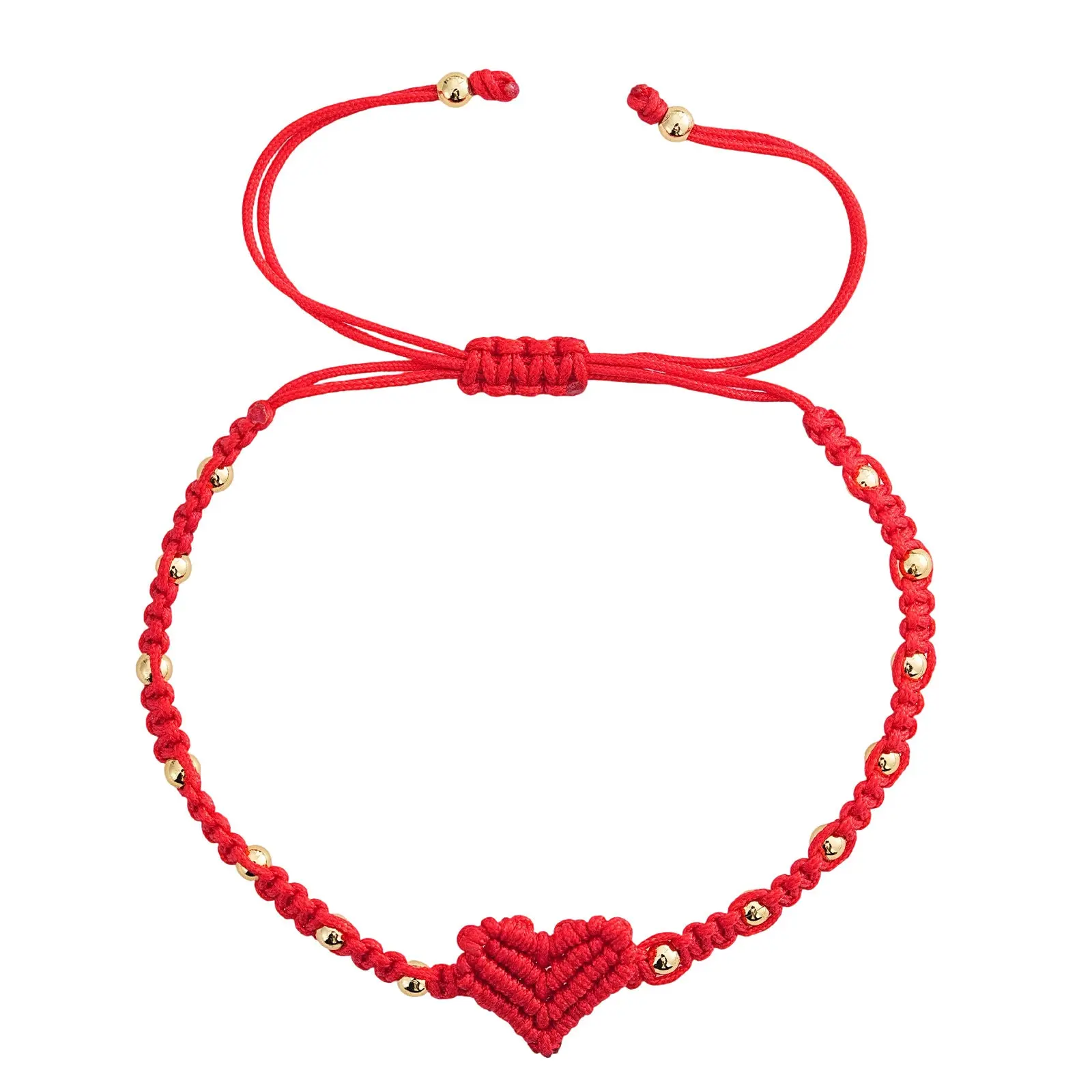 Handmade Red Heart Bracelet for Women, Woven Macrame String with Gold Alloy Beads, Adjustable 11.02 Inches for Daily Wear, Commemorative Anniversary Gift, Durable & Lightweight Cord, Female, Love