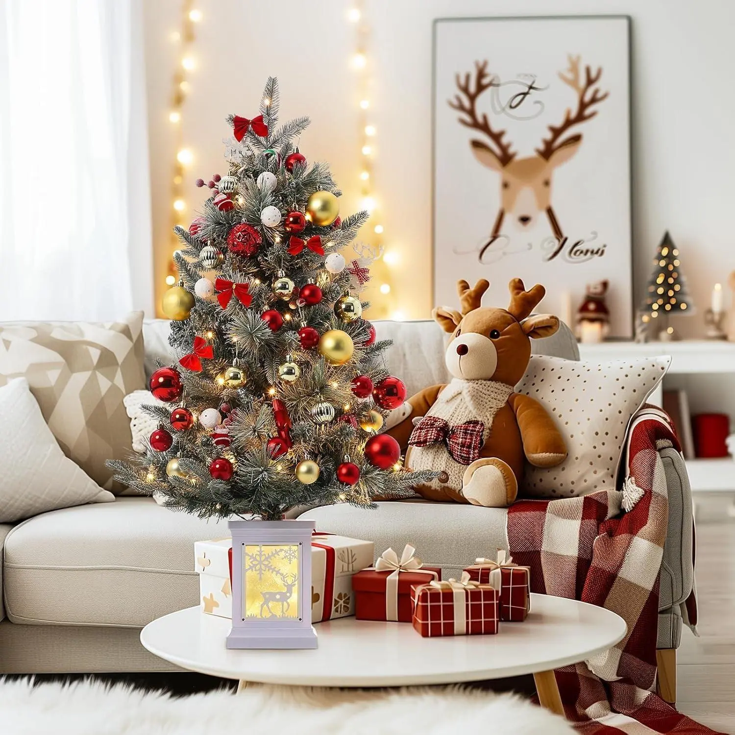3 Ft Christmas Tree with Reindeer Base, Fiber Optic Light-Style Artificial Christmas Tree with Led Lights, Red Berry Decorations, 8-Mode Battery Box, Holiday Ready, Easy Installation