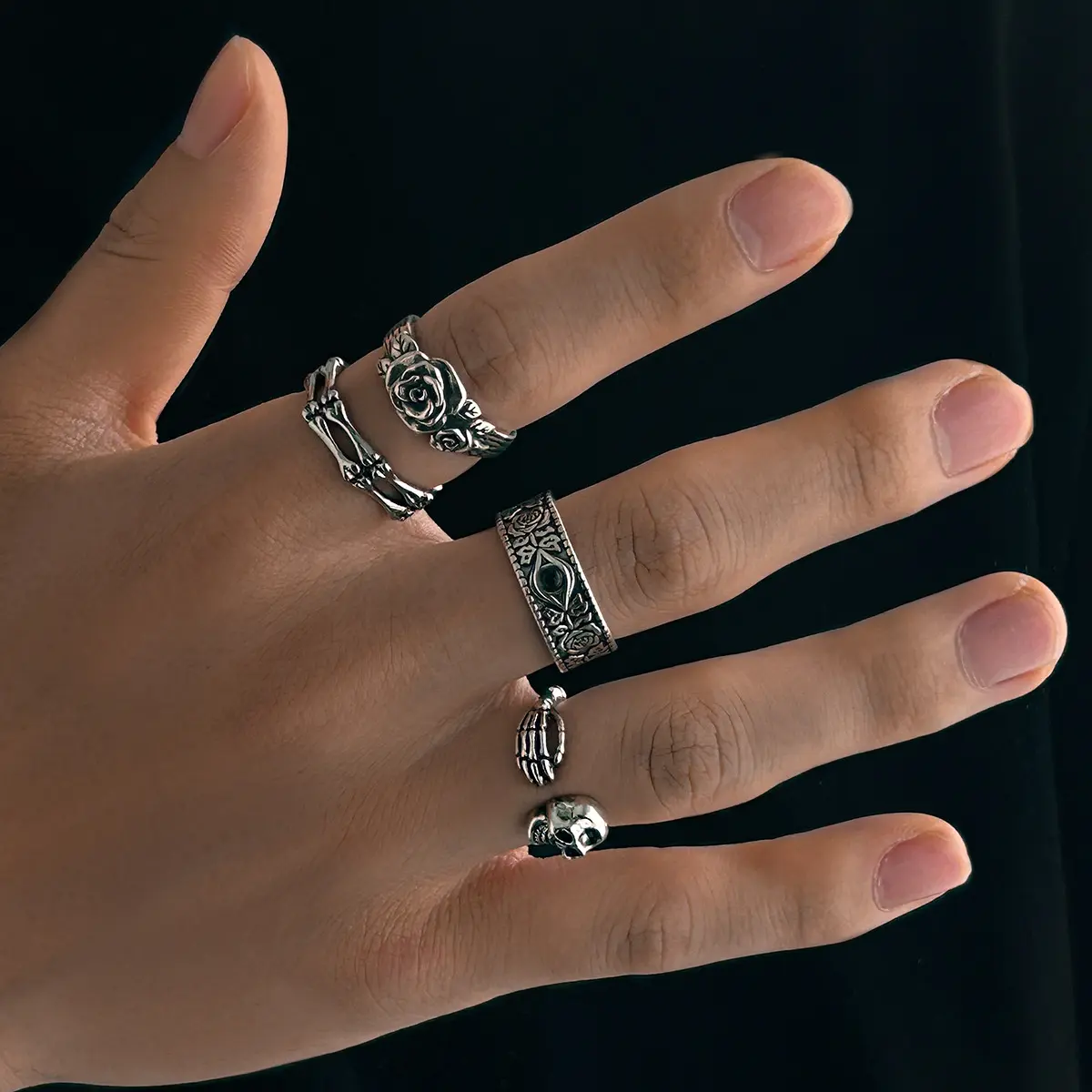 Unisex 4Pcs 3D Carved Vintage Gothic Skull Rose Bone Stackable Ring Set - Antique Silver Evil Eye Skeleton Hand Open Adjustable Band, Edgy Gothic Stacked Rings Jewelry Sets for Rock Concert Streetwear, Edgy Jewelry Sets, Gothic Jewelry Sets