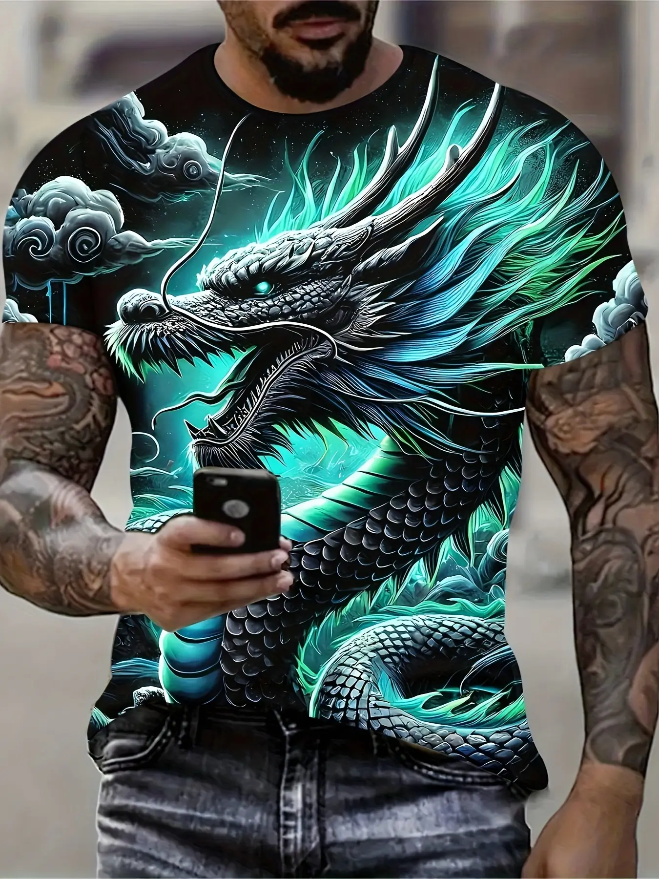 Men's 3D Blue Dragon Print T-Shirt Top, Casual Streetwear Short Sleeve Pullover, Crew Neck, Summer Outdoor Clothing, Regular Version, Adult Size