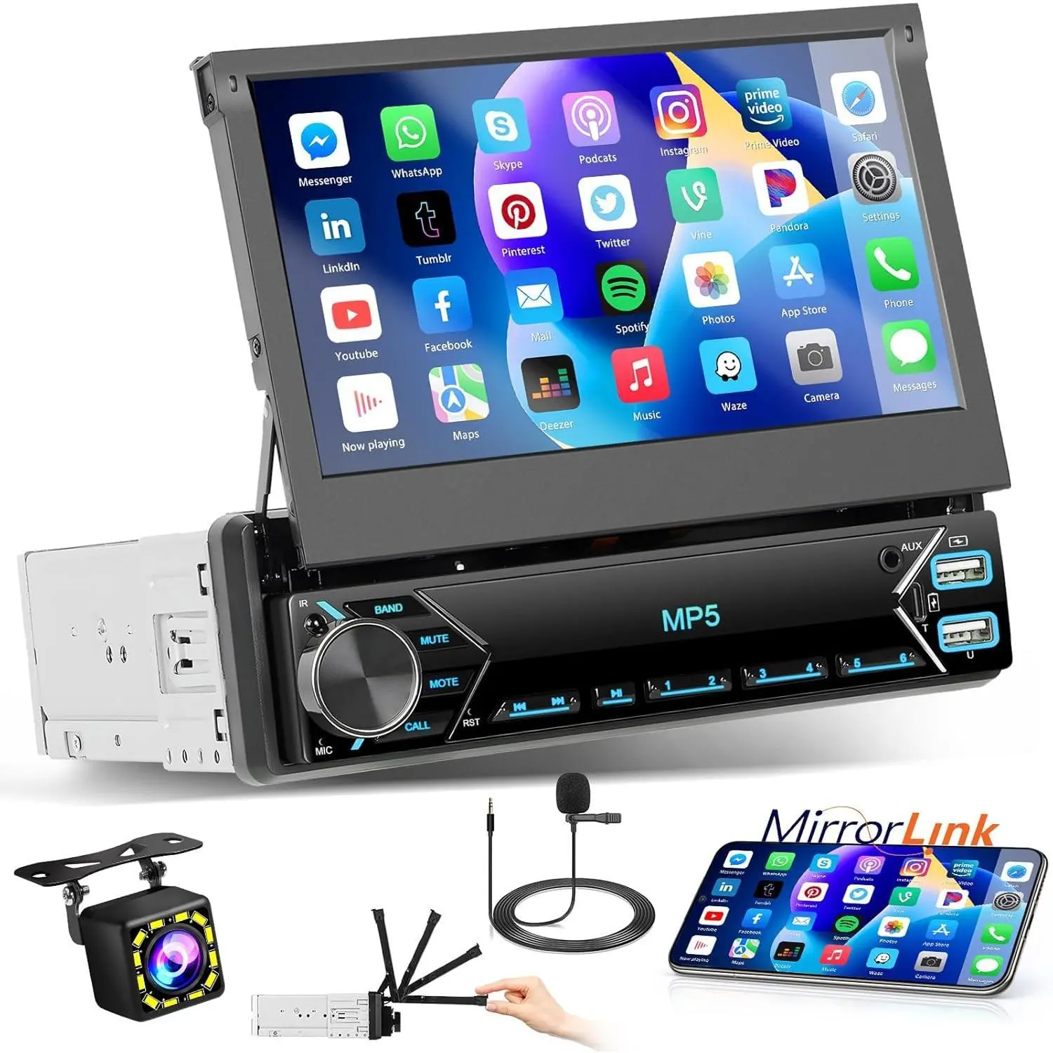 RIMOODY 1-Din Car Stereo - 7-Inch Manual Retractable Touchscreen Car Media Player, Bluetooth Handsfree, FM, USB C, 2 USB Ports, AUX, Mirror Link, SWC, Rear View Camera, Black Power Cable (No CarPlay/Android Auto)