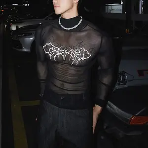INCERUN Men's Opium Core Mesh Top Gothic Y2K Graphic See-Through Tee, Sheer, Halloween