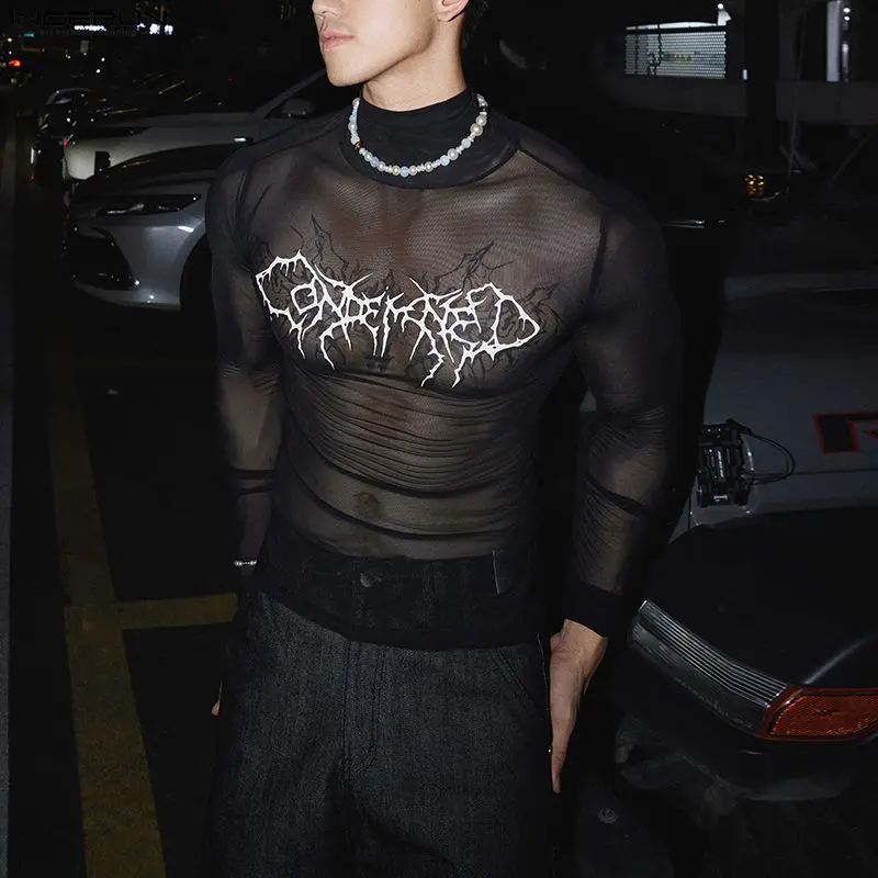 INCERUN Men's Opium Core Mesh Top Gothic Y2K Graphic See-Through Tee, Sheer, Halloween