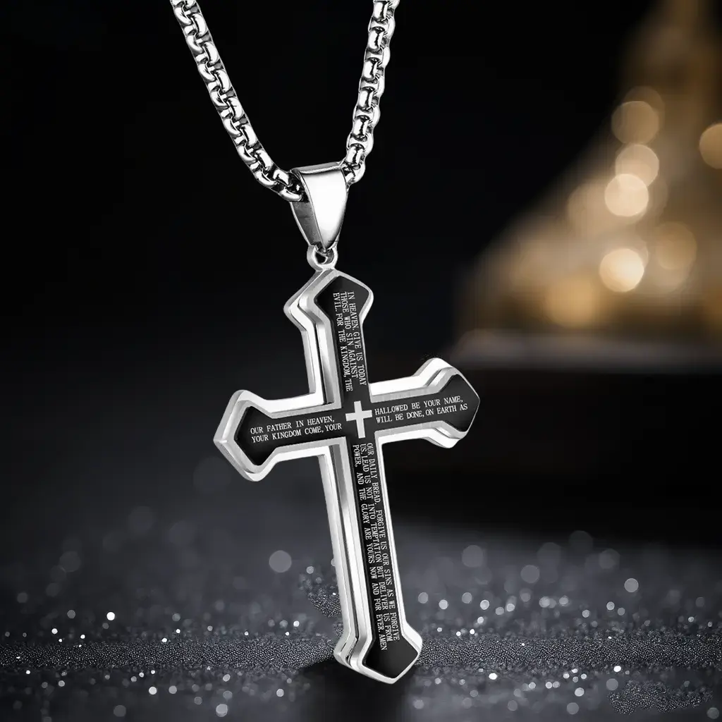 Men's Engraved Bible Verse Cross Pendant - Rust-ProofStainless Steel Religious Jewelry, Perfect for Gifting &Personal Style |TK Halo Accessories