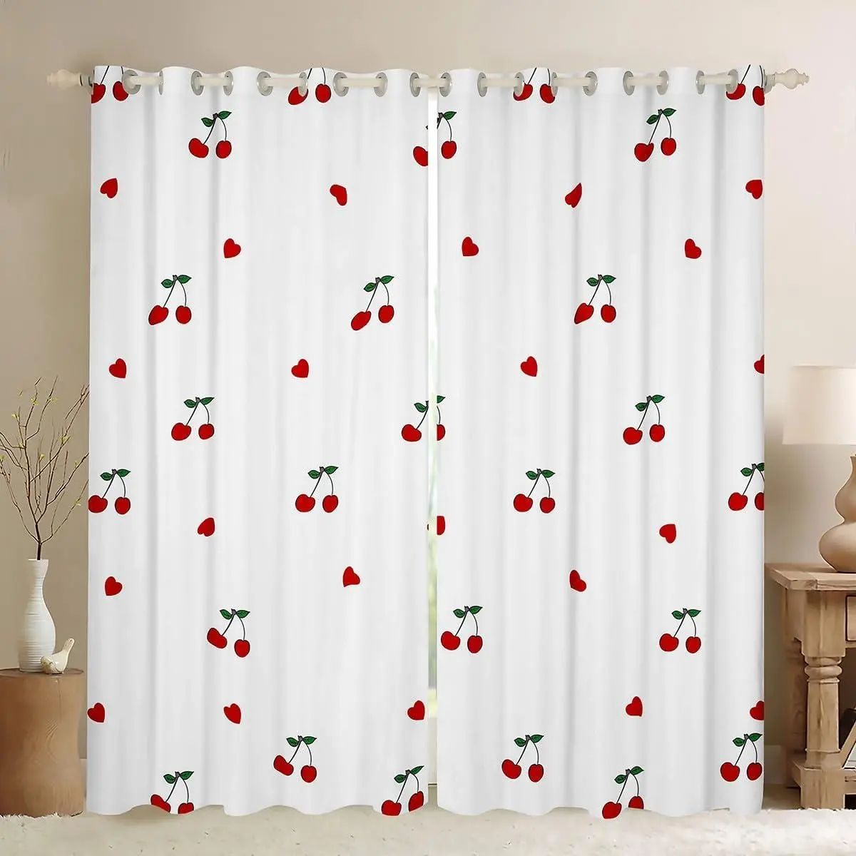 Kids Red Cherry 30-50% Blackout Curtains,Cherry Pattern Window Curtains 2 Panel Set,Yummy Fruit Window Treatments Drapes for Bedroom Living Room