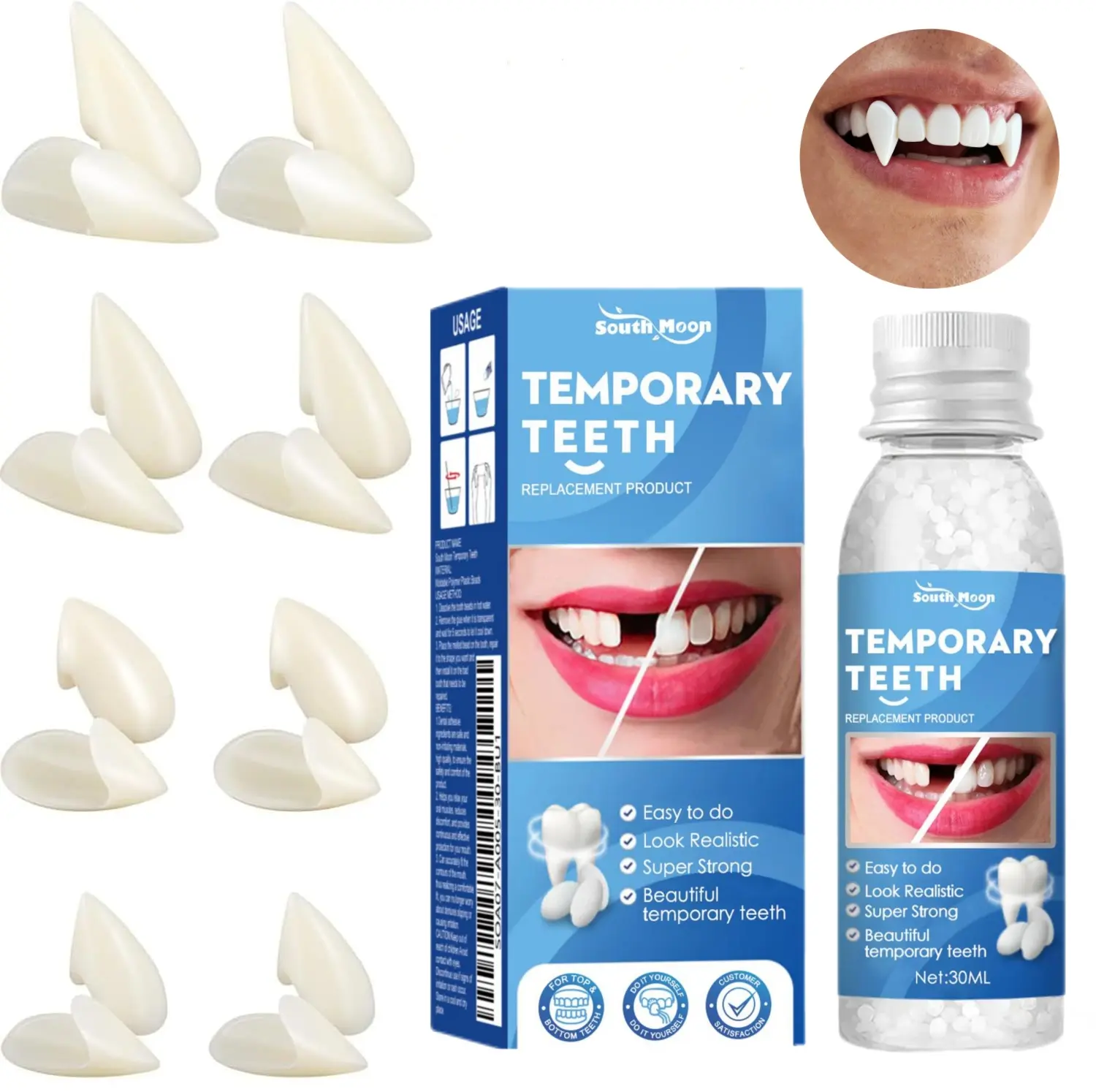 Vampire Teeth 4 Sizes 13MM 15MM 17MM 19MM, Fake Fangs Set With Toothfilling Gel, False Teeth Vampire Fangs for Cosplay Party  Props Halloween Party Accessories Masquerade Dentures Makeup Dress up Favors