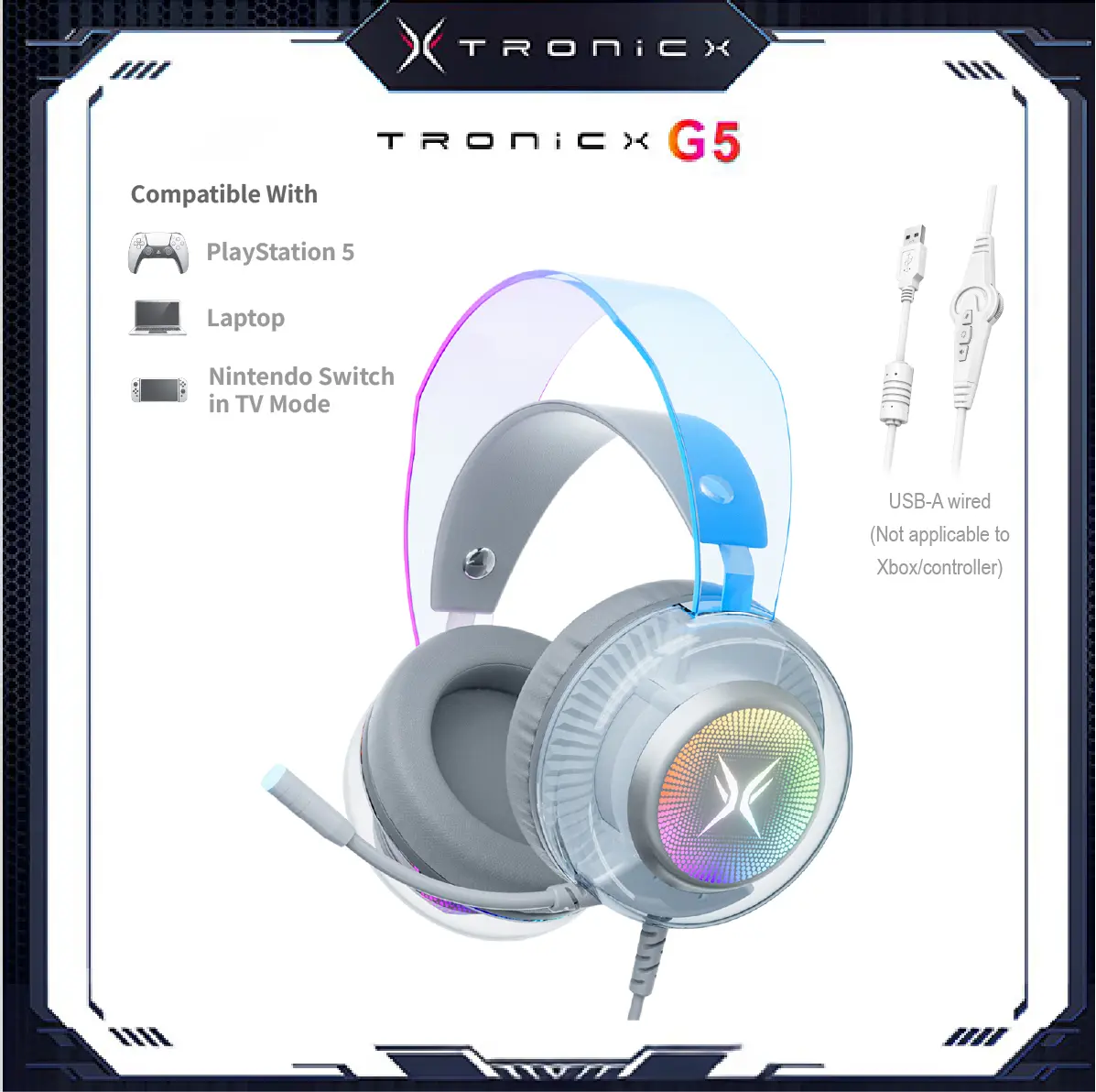 [Back to School] TAGRY TRONICX G5 Wired Gaming Headset with 50mm Driver, ENC Microphone, USB Headset with 7.1 Surround Sound, Control Box for PS5/Switch in Dock Mode (Not Compatible with Xbox or Controller) for FPS Gamers tiktokshopbacktoschool