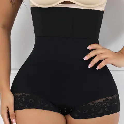 Women's Solid Color Contrast Lace Panty, Basic Comfortable Tummy Control Butt Lifting Shaper, Ladies Shapewear Bottoms for All Seasons, High Waist Shaperwear, High Waisted Shaping, Underwear, Black, Stomach Shapewear Underwear