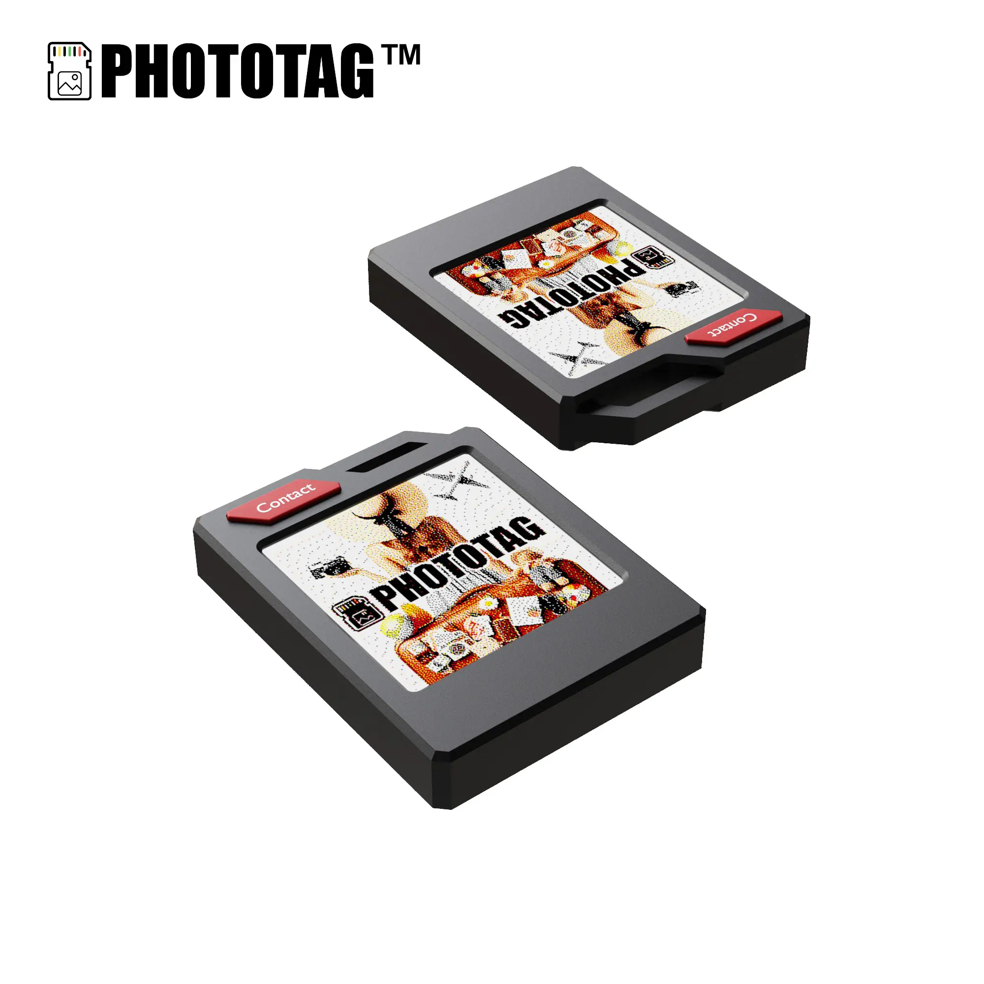 PhotoTag: Customizable e-ink tracker（2 Pack）for keys, wallets, luggage.Compatible with Apple Find My . Displays photos and emojis.  Up to 10 months of battery life and  IP65 waterproof. Replaceable battery.