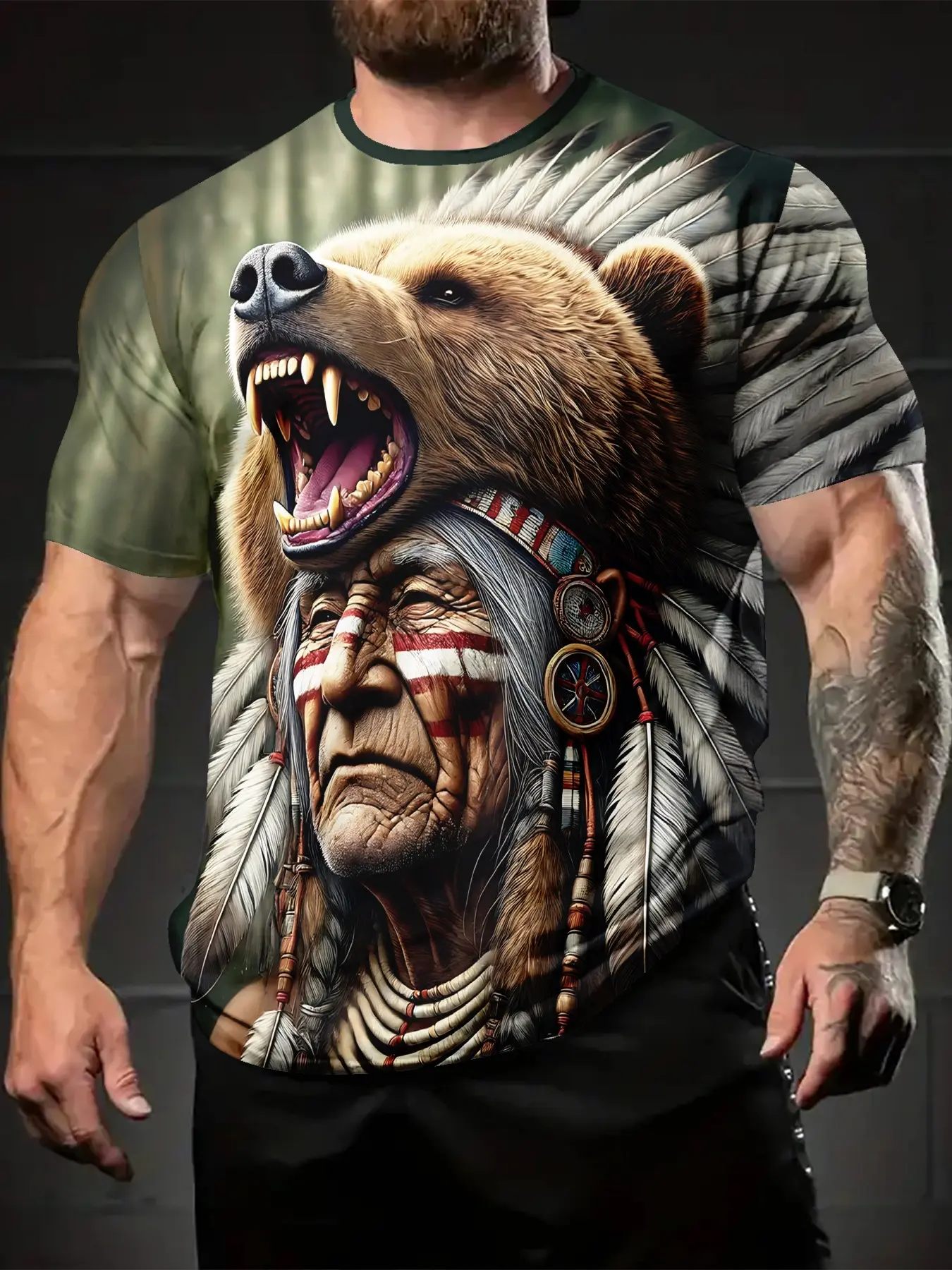 Men's Indian Bear Head Chief 3D Digital Printing T-shirt, Menswear, Top, Fitted, Streetwear, casual and versatile sporty men's crew neck short-sleeve, Round Neck, suitable for daily wear, a perfect holiday gift for men