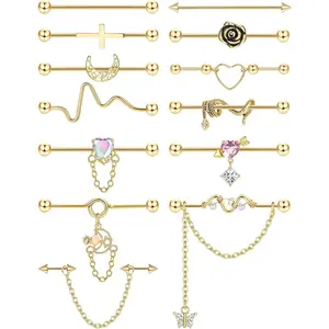 YADOCA 13PCS Industrial Piercing Jewelry Surgical Steel 14G Industrial Earrings Barbell with Chain Snake Moon Cartilage Helix Piercing Earrings Industrial Bar Jewelry for Women Men