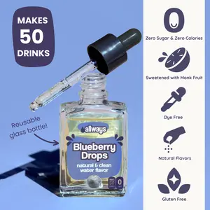 Allways Drops Natural Blueberry Water Enhancer Drops, Coffee Syrup Replacer, Sugar-Free Zero Calories Monk Fruit Sweetened No Artificial Flavors Glass Bottle Makes 50 Drinks