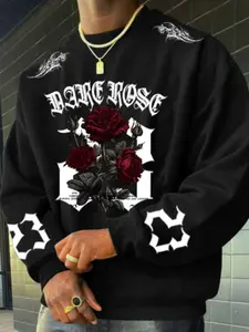 New Men's Graphic Print Flower Sweatshirt, Loose Fit Casual Long Sleeve Round Neck, Comfortable All Season Wear, Daily Versatile Top