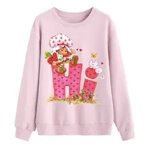 Cute Strawberry Shortcake HI Shirt, Sweatshirt, Light Pink Vintage Cartoon Pullover, Adorable Cat & Berry Girl Graphic Top