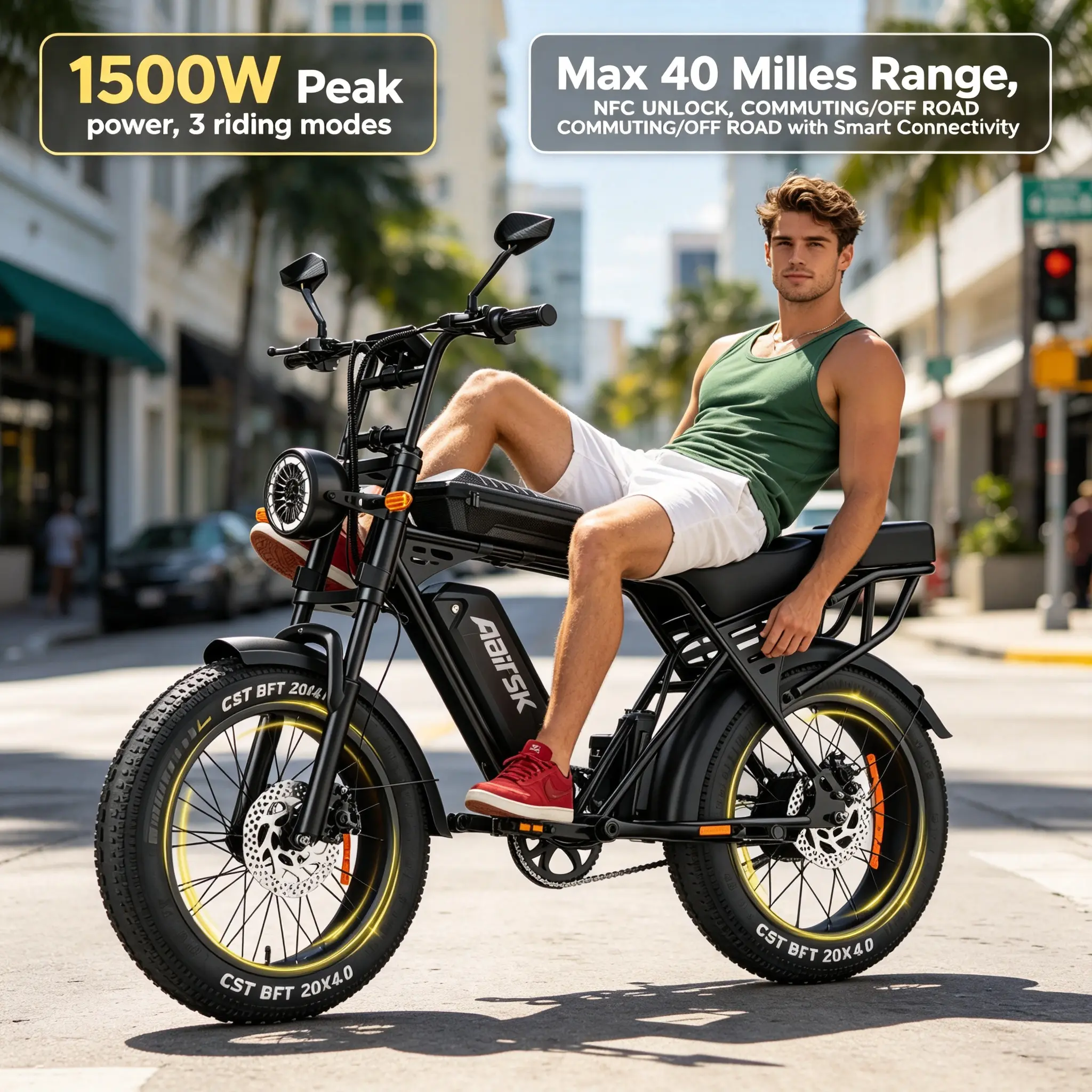 Aairsk X5 Retro Fat Tire Mountain Ebike for Adults - 1500W Peak Power Motor, 40 Mi Max Range, Adult Size Frame, 20"×4.0 CST Off-Road Tires, Dual Brake Discs, 3 Riding Modes, Detachable Lithium Battery, Unisex