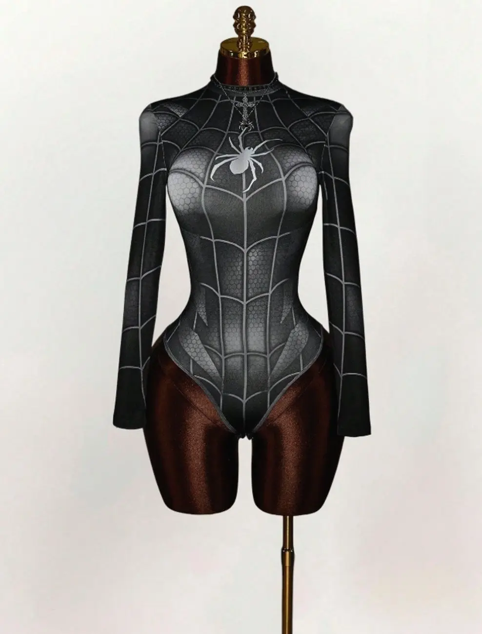 Women's Y2K Spiderweb Print Long Sleeve Bodysuit, Gothic Stand Collar Slim Fit Party Top