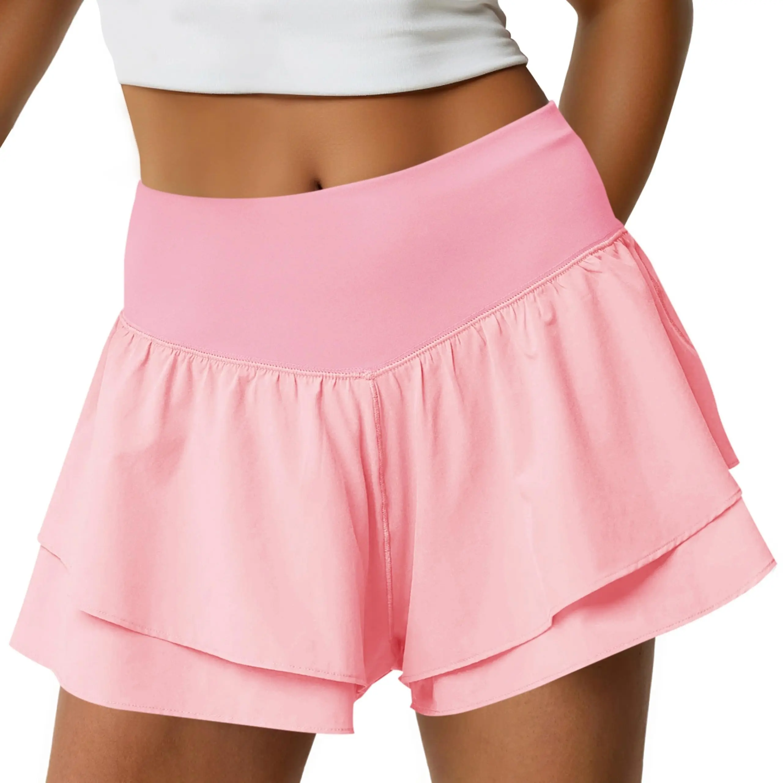 Womens High Waisted Athletic Shorts Ruffle Tiered Running Workout Tennis Shorts with Build in Shorts