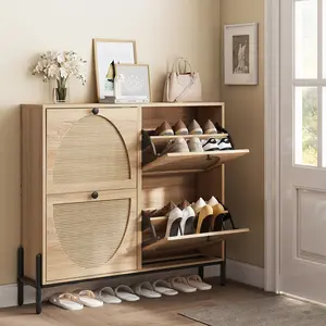 IRONCK Rattan Shoe Cabinet Storage with 4 Flip Drawers, Freestanding Shoe Storage Organizer Cabinet for Entryway, Narrow Shoe Rack Cabinet