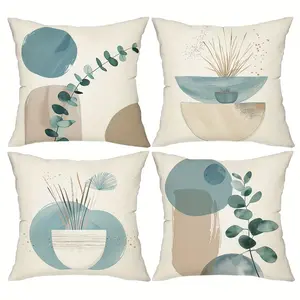Bohemian Style Abstract Plant Geometric Pillow Covers Set of 4, Hidden Zipper, Easy to Clean, for Bedroom Living Room Sofa Car Home Decor