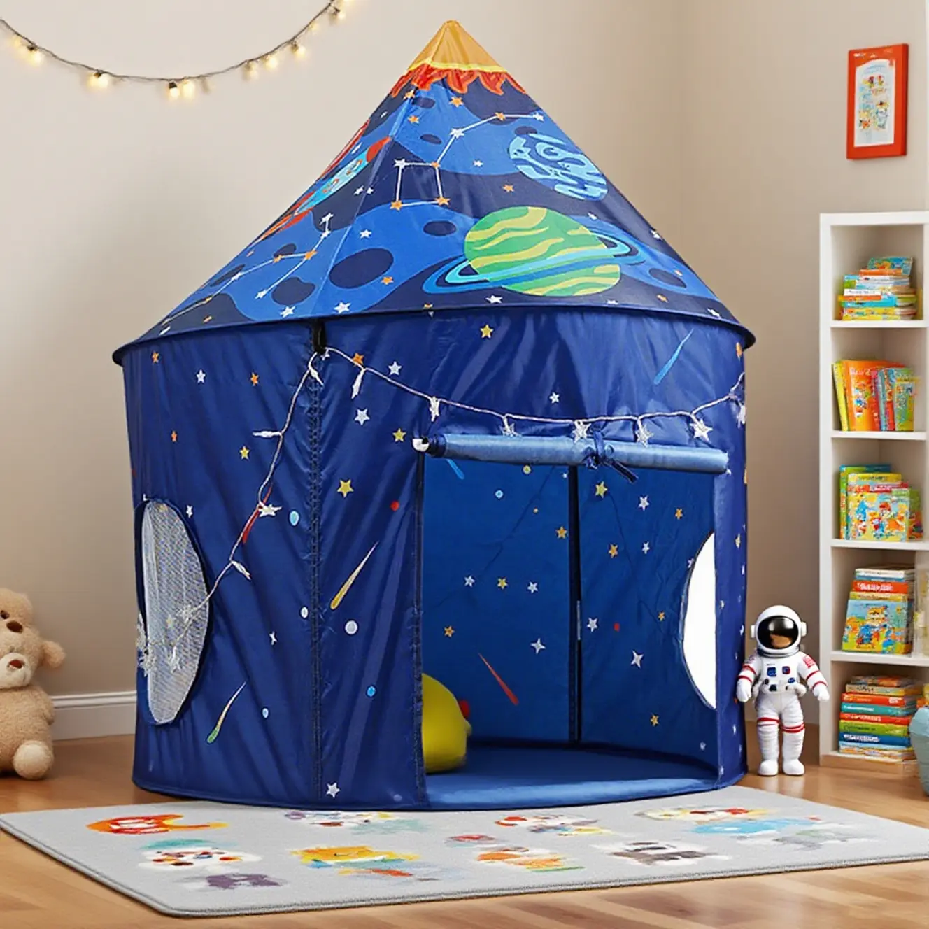 Blue Starry Sky Portable Foldable Kids Play Tent, breathable and well-ventilated children's toy tent. The blue rocket starry sky play tent is the perfect gift for kids! Starlight