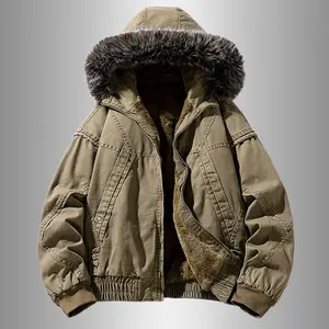 Menswear Heavyweight Fleece Hooded Jacket, Thick Fur Collar, Vintage Washed Coat, Classic Stylish Casual Pull-On Outerwear Beige