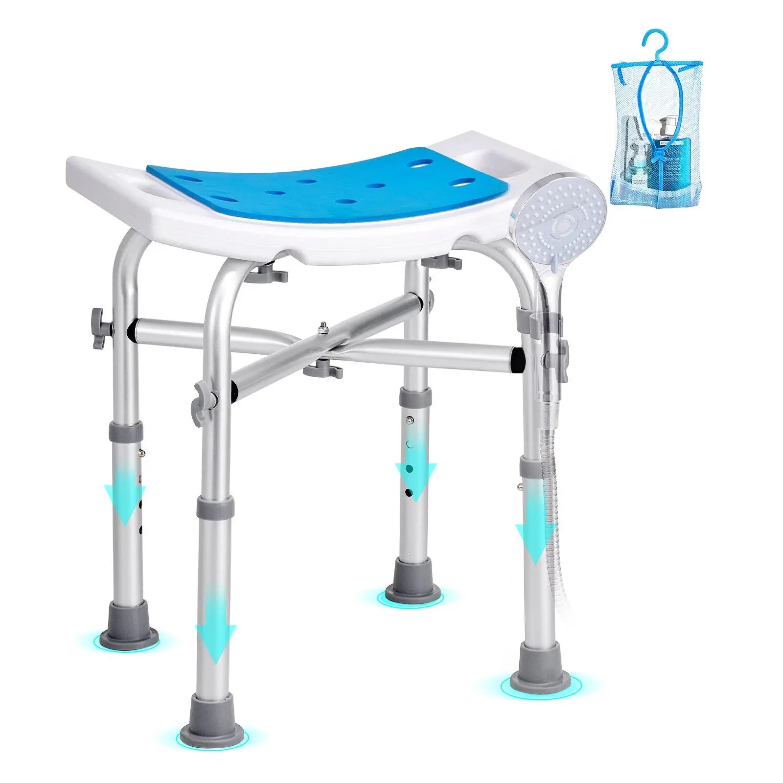 500LBS Adjustable Height Shower Stool with Crossbar Support, Non-Slip Shower Chair for Inside Shower & Bathtub, 4-Gear Height Adjustable Bath Seat with Shower Head Holder, Storage Bag & Built-In Handles Bathroom Bench for Elderly, Disabled & Pregnant