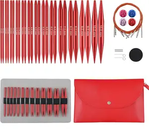 Interchangeable Circular Knitting  Set 4-Inch |  2.5-15 (3.0-10.0mm) | 13-Pair of Metal Circular  | 4 Cables (16", 24", 32", and 40"), Accessories & Case (Rose Red)