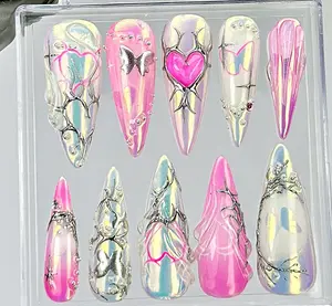 Chrome Pink Heart Press On Nails By HudiNails | Y2K Silver Mirror Design Fake Nails | Iridescent Butterfly Nail Art  Euniqualandfair